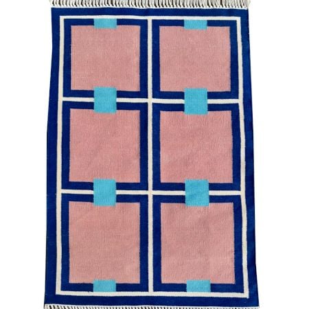 Handmade Blue And Beige Cotton Modern Dhurrie